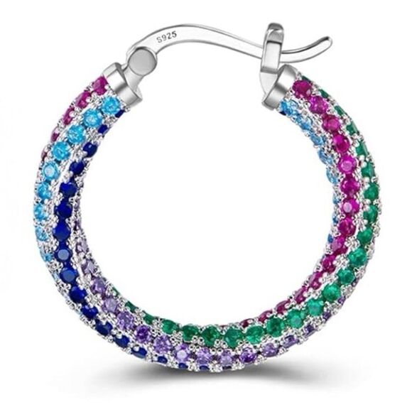 14K White Gold Sterling Silver with Multicolored Cubic Zirconia Hoop Earrings - Picture 2 of 6